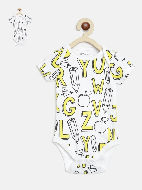 

berrytree Infant Kids Pack Of 2 Printed Slim-Fit Organic Cotton Sustainable Bodysuits, White