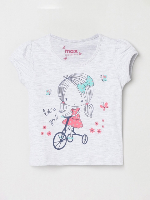 max Girls Grey Melange Printed T-shirt