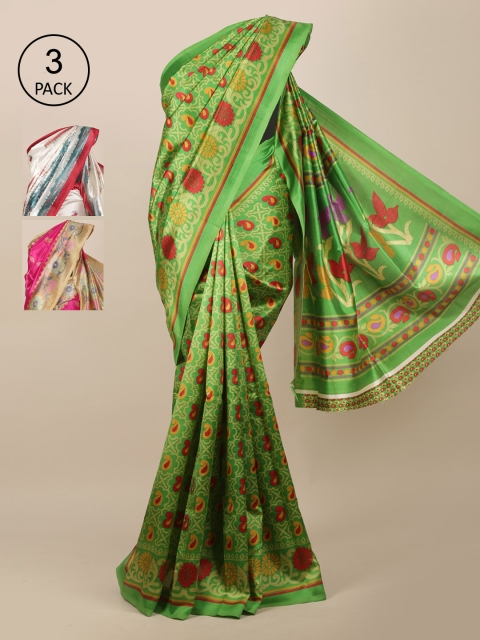 

Pothys Pack Of 3 Ethnic Motifs Printed Jute Silk Saree, Green