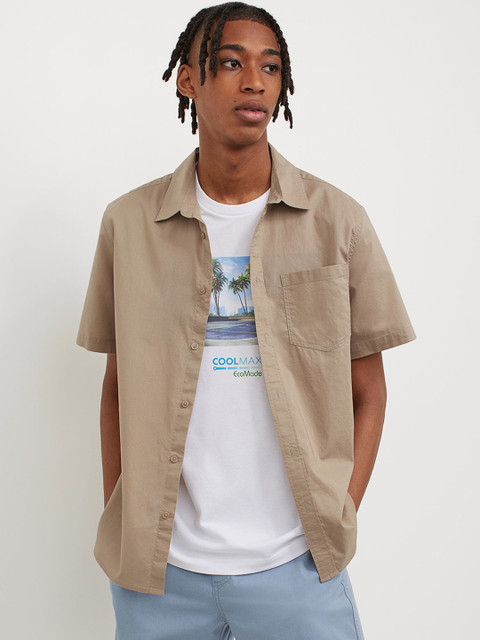 

H&M Mens Beige Short-sleeved cotton shirt