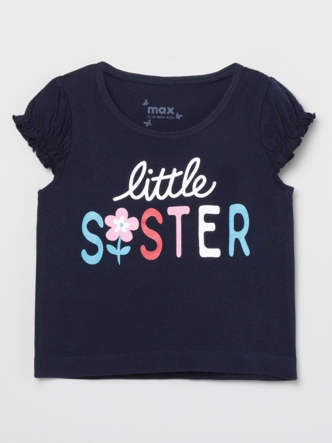 

max Girls Navy Blue Typography Printed Puff Sleeves T-shirt