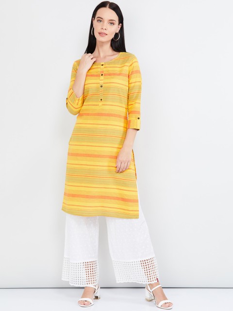 

max Women Yellow & Orange Striped Cotton Kurta
