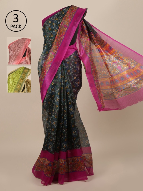 

Pothys Pack Of 3 Green & Peach Floral Jute Silk Sarees
