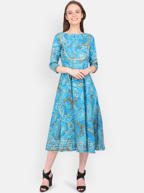 

MARC LOUIS Women Blue Paisley Printed Pure Cotton Gotta Patti Empire Anarkali Kurti
