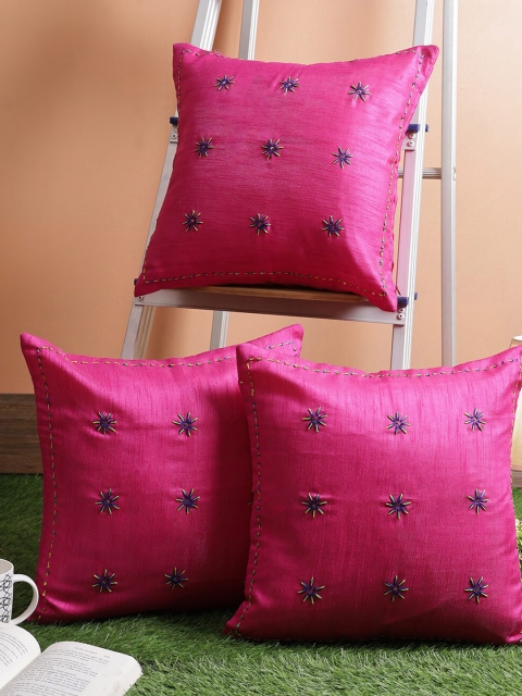 

RANGDESI Magenta Set of 3 Hand Embroidered Silk Square Cushion Covers