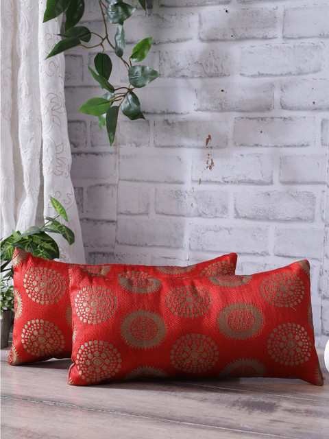

Rangdesi Set of 2 Red & Gold-Coloured Brocade Cushion Cover with Inserts
