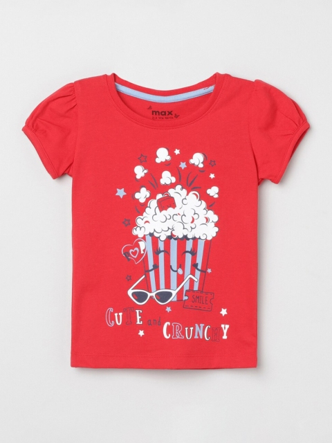 

max Girls Red Printed Puff Sleeves T-shirt