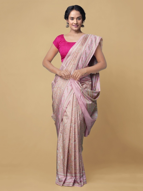 

Unnati Silks Pink Ethnic Motifs Block Print Handloom Saree