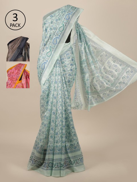 

Pothys Pack of 3 Floral Jute Silk Saree, Green