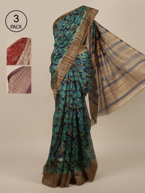 

Pothys Pack of 3 Ethnic Motifs Printed Jute Silk Saree, Brown