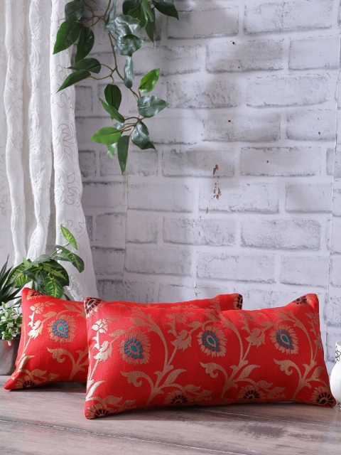 

Rangdesi Set of 2 Coral-Red & Gold-Coloured Brocade Cushion Cover with Inserts