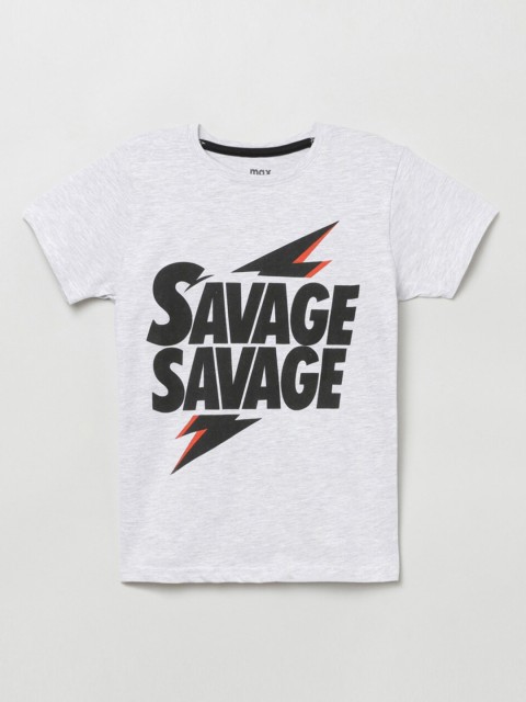 

max Boys Grey Melange Typography Printed T-shirt