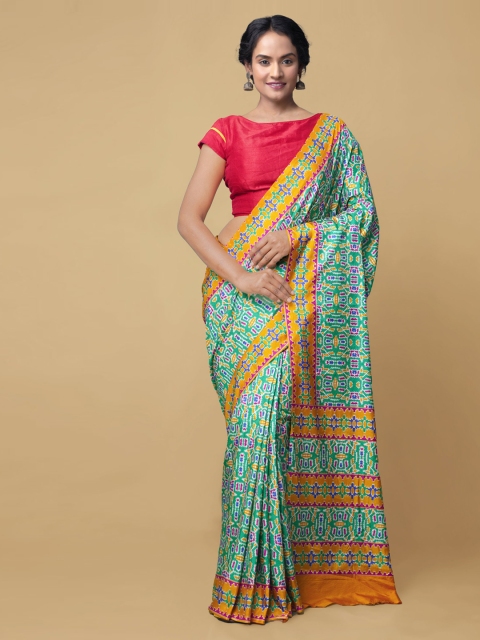 

Unnati Silks Green & Yellow Floral Block Print Saree