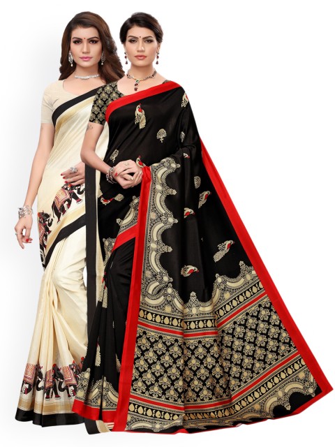 

KALINI Pack of 2 Cream & Black Art Silk Saree
