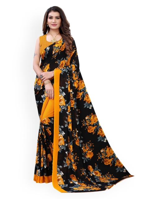 

KALINI Black & Yellow Floral Pure Georgette Saree