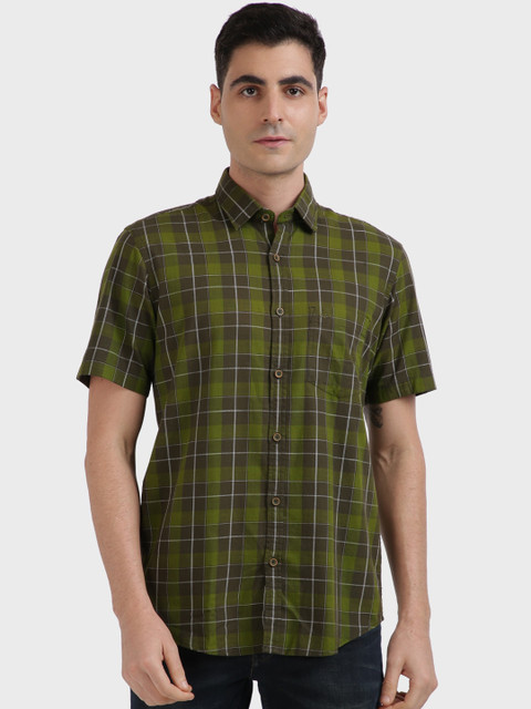 

ColorPlus Men Green & Brown Tailored Fit Checked Casual Shirt