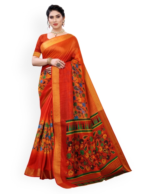

KALINI Orange Floral Polycotton Saree