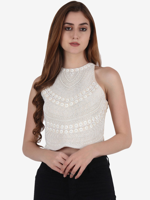 

Diwaah Off White Embellished Halter Neck Regular Crop Top