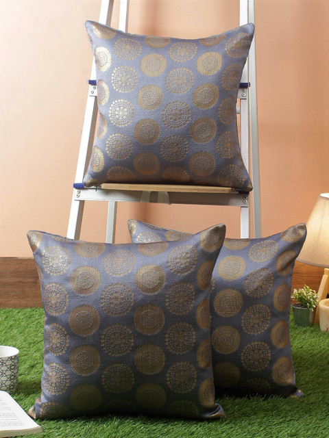 

RANGDESI Grey & Gold-Toned Set of 3 Ethnic Motifs Square Cushion Covers