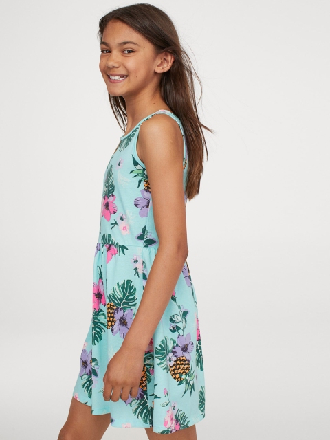 

H&M Girls Turquoise Blue & Pink Floral Patterned Jersey Dress