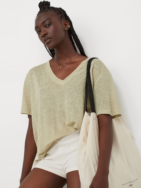 

H&M Women Green Linen Jersey T-Shirt