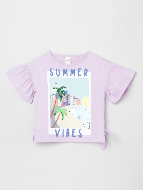 

max Girls Lavender Printed T-shirt with Flared Sleeves