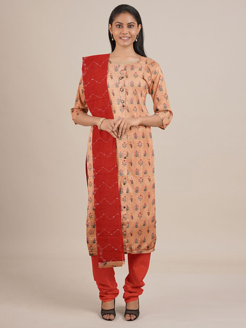

Pothys Peach & Red Printed Unstitched Dress Material