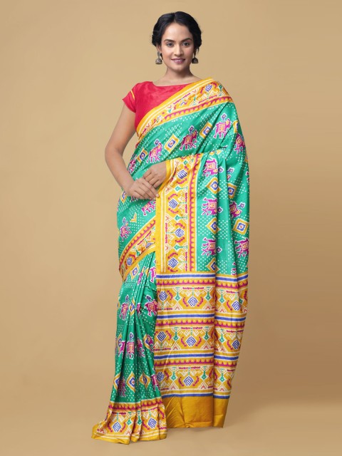 

Unnati Silks Green & Yellow Ethnic Motifs Block Print Saree