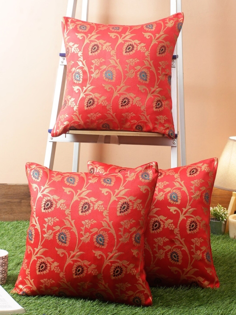 

RANGDESI Set Of 3 Red & Gold-Toned Ethnic Motifs Square Cushion Covers