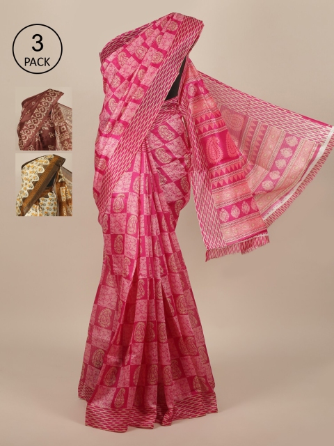 

Pothys Pack Of 3 Jute Silk Saree, Magenta