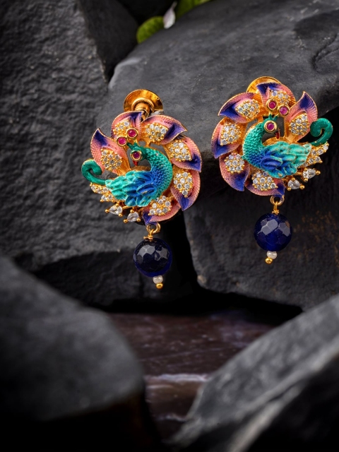 Saraf RS Jewellery Peach Peacock Shaped Gold-Plated Drop Earrings