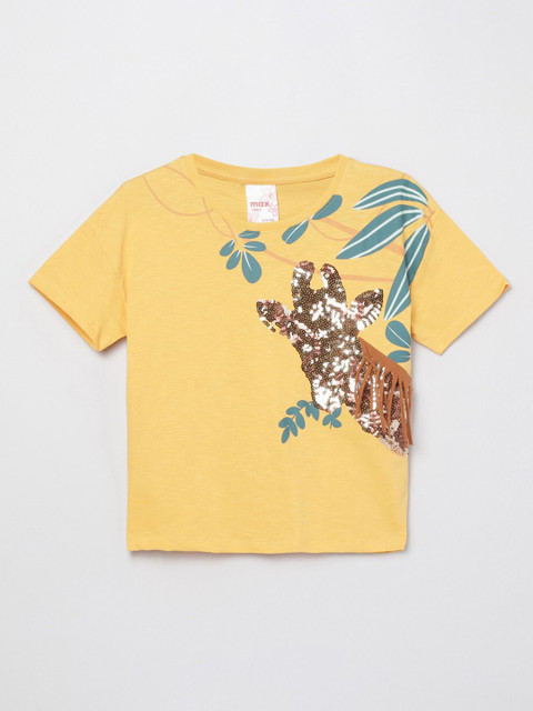 

max Girls Yellow Floral Printed T-shirt with Sequins