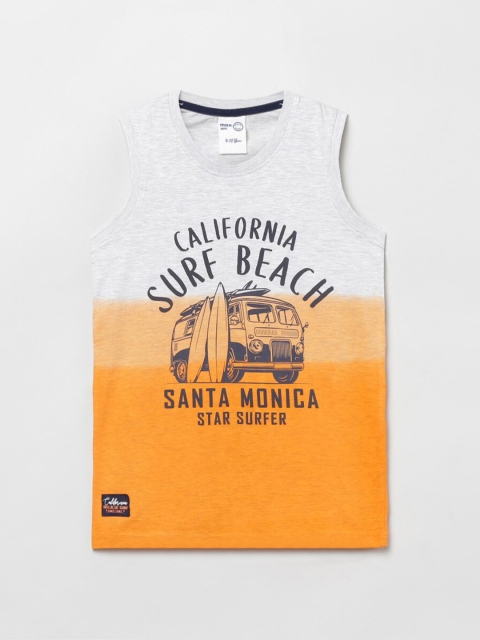 

max Boys Grey Melange & Orange Typography Printed T-shirt