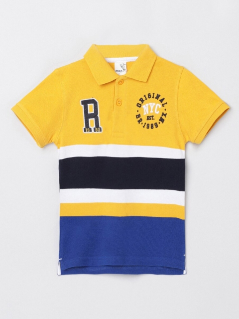 

max Boys Mustard & Navy Blue Striped Polo Collar Applique T-shirt