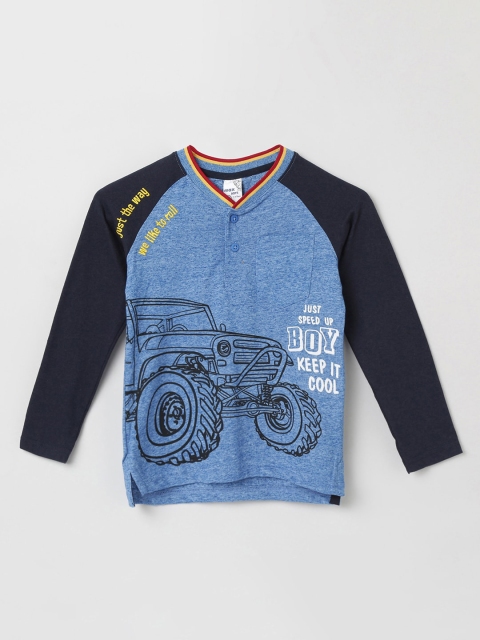 

max Boys Blue Printed V-Neck Drop-Shoulder Sleeves Applique T-shirt