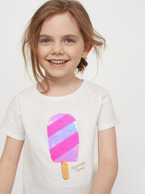 

H&M Girls White & Purple Interactive-Motif Sequin T-Shirt