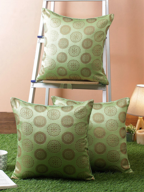 

RANGDESI Green & Gold-Toned Set of 3 Ethnic Motifs Square Brocade & Silk Cushion Covers