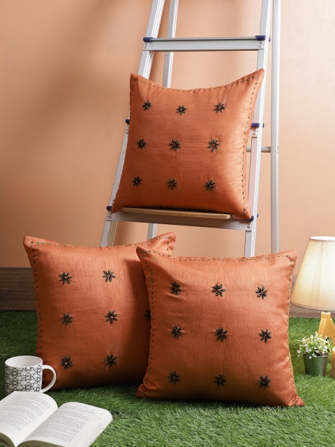 

RANGDESI Rust Set of 3 Hand Embroidered Silk Square Cushion Covers