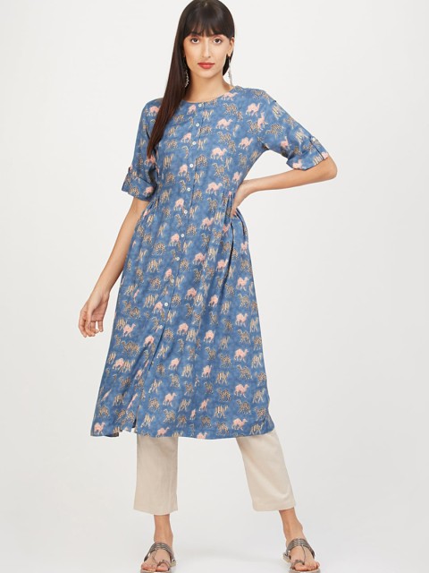 

max Women Blue Ethnic Motifs Printed Kurta