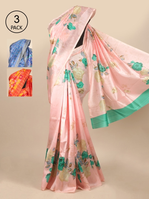 

Pothys Pack Of 3 Floral Printed Jute Silk Saree, Pink