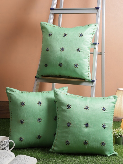 

RANGDESI Green & Blue Set of 3 Embroidered Square Cushion Covers