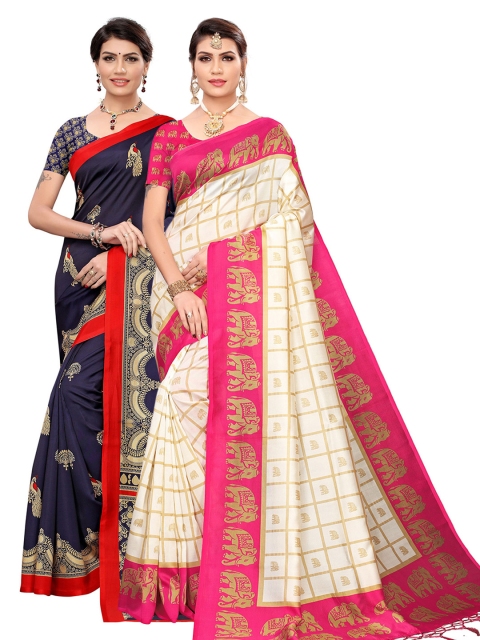 

KALINI Pack of 2 Cream & Blue Woven Design Art Silk Saree