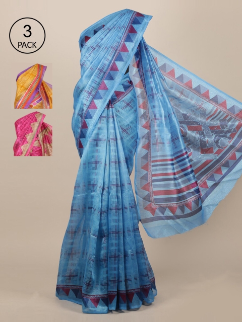 

Pothys Blue Set of 3 Checked Zari Jute Silk Saree