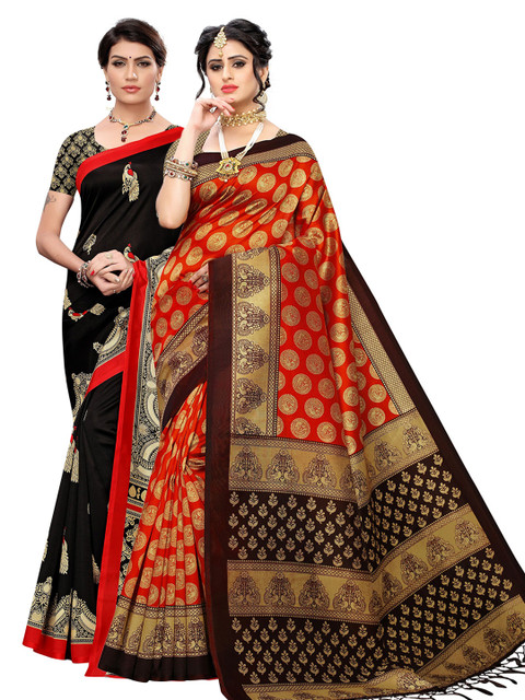 

KALINI Pack of 2 Orange & Black Woven Design Art Silk Saree