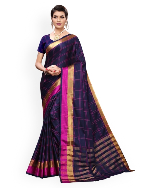 

KALINI Navy Blue Checked Zari Banarasi Saree