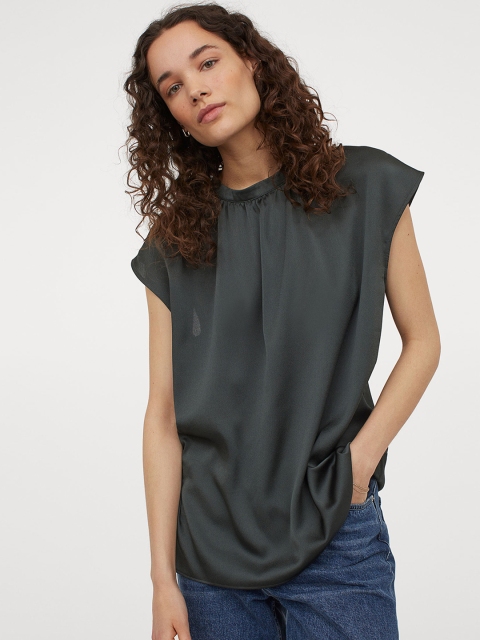 

H&M Women Green Stand-Up Collar Blouse