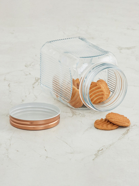 

Home Centre Transparent & Copper-Toned Textured Storage Jar With Lid 1100 ml