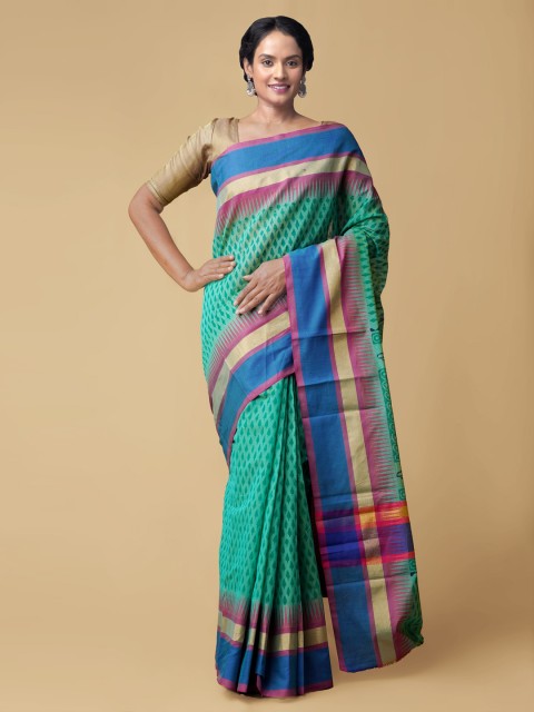 

Unnati Silks Green Silk Cotton Chanderi Handloom Saree