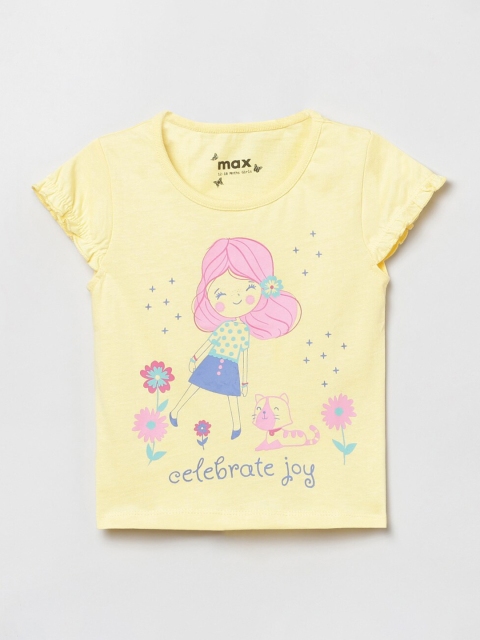 

max Girls Yellow Printed Puff Sleeves T-shirt