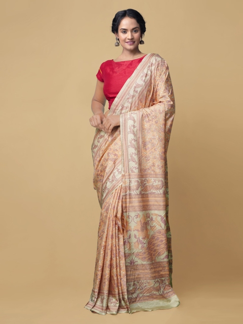 

Unnati Silks Beige & Orange Ethnic Motifs Zari Block Print Handloom Saree